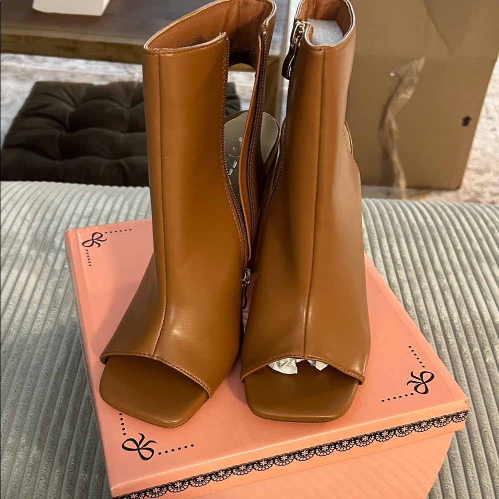 Stylish Tan Peep-Toe Ankle Boots